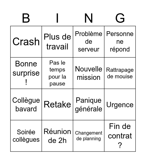 Journée de prod Bingo Card