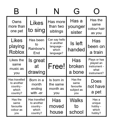 Get to know you bingo Card