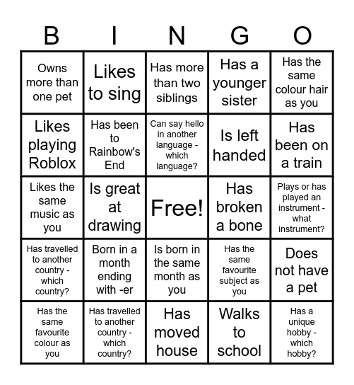 Get to know you bingo Card