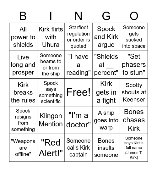 Star Trek Bingo Card