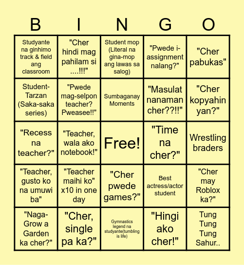 ELEMENTARY TEACHER BINGO CARD Bingo Card