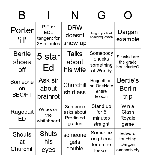 Wendy Bingo Card