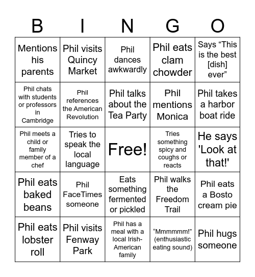 Somebody Feed Phil - Boston Bingo Card