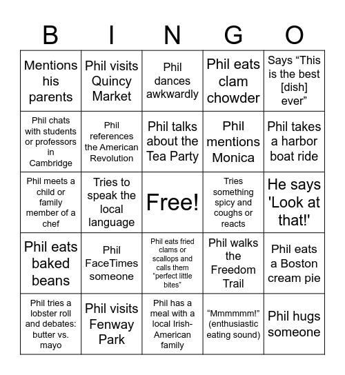 Somebody Feed Phil - Boston Bingo Card