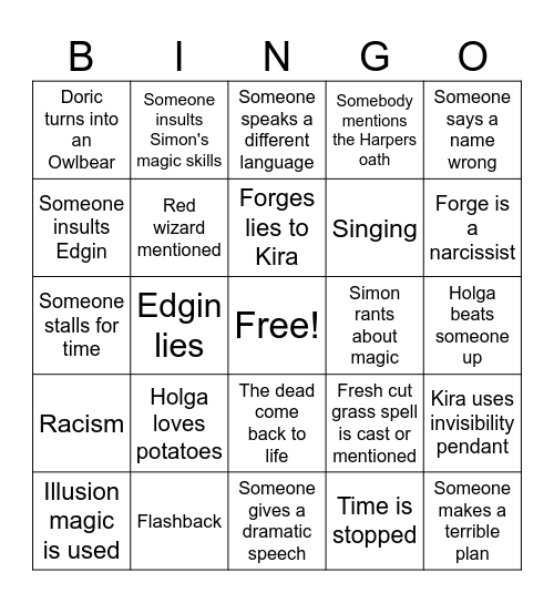D&D Honor Among Thieves Bingo Card
