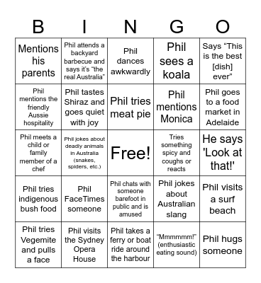 Somebody Feed Phil - Sydney/Adelaide Bingo Card