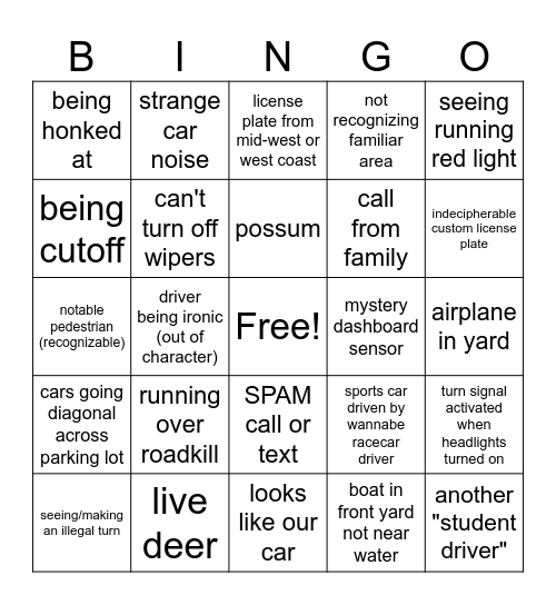 Driver's Ed - 45 hours is a lot Bingo Card