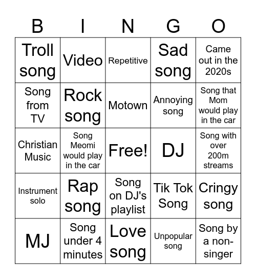 Janaya Playlist Bingo Card