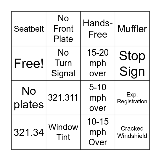 Traffic Stop Bingo Card