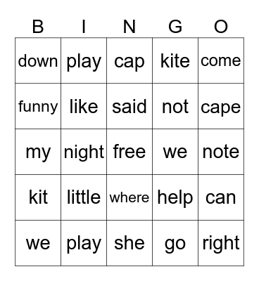 CVC, CVCe, Sight Words, and igh Words Bingo Card