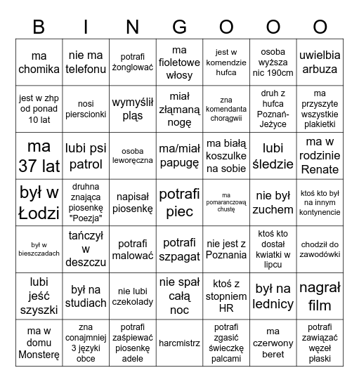 Bingo obozowe Bingo Card