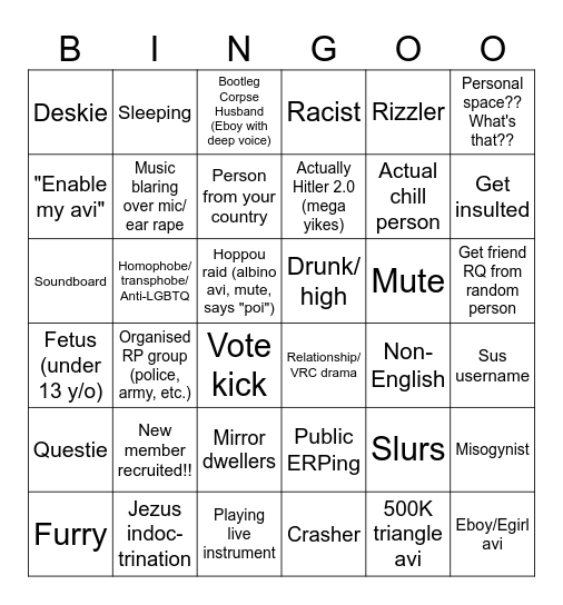 Public Lobby Bingo Card