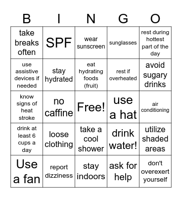 Beat the Heat Bingo Card