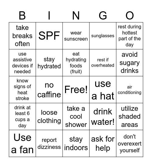 Beat the Heat Bingo Card
