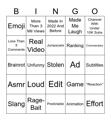 Shorts Bingo Card