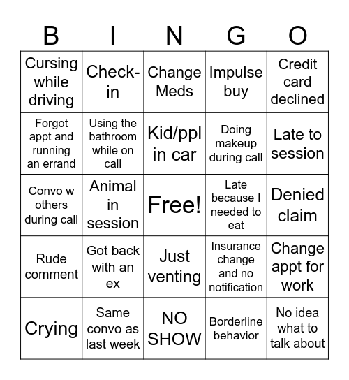 Therapy Bingo Card