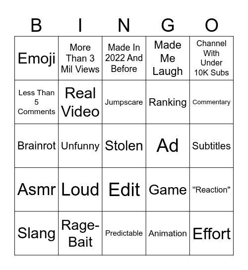 Shorts Bingo Card