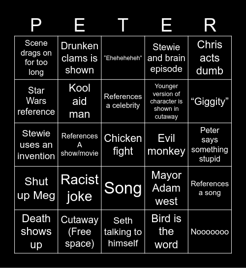 Family guy Bingo Card