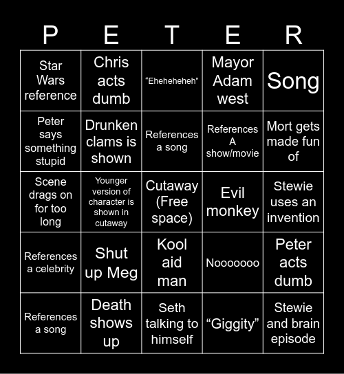 Family guy Bingo Card