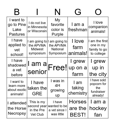 PRE VET BINGO Card