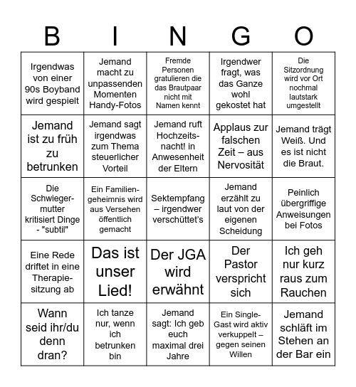 Wedding Bullshit Bingo Card