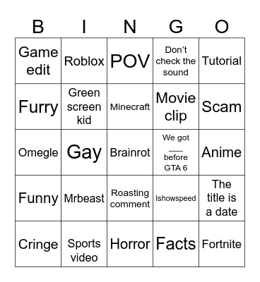 YouTube shorts Bingo Card