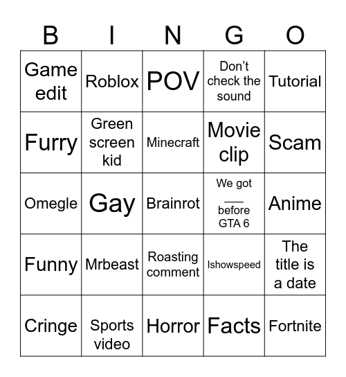 YouTube shorts Bingo Card