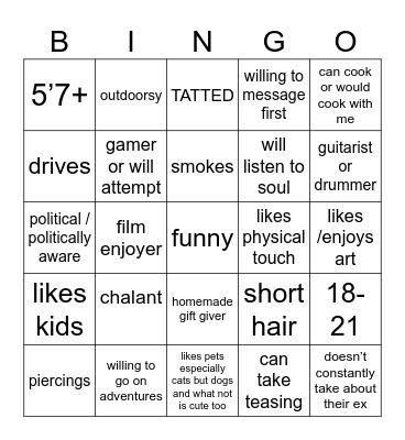 mia’s type Bingo Card