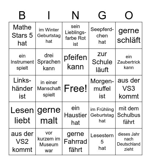 Klassen Bingo - Finde Jemand der.. Bingo Card
