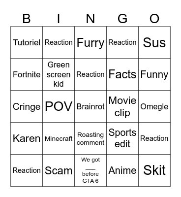 YouTube shorts Bingo Card