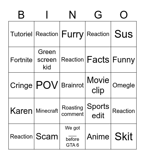 YouTube shorts Bingo Card