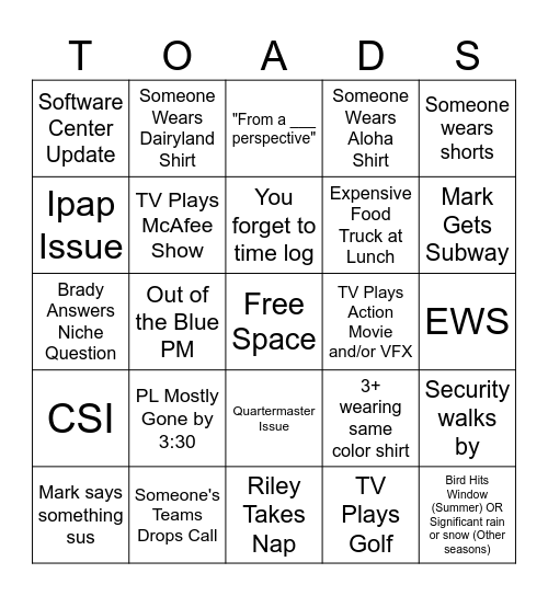 TOADS Bingo Card
