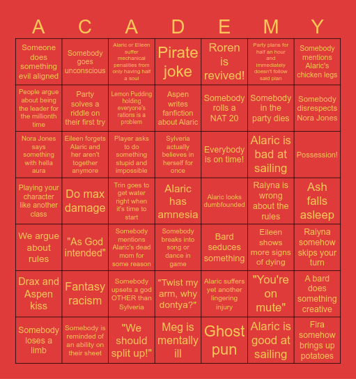 Alaric's Academy Bingo Card