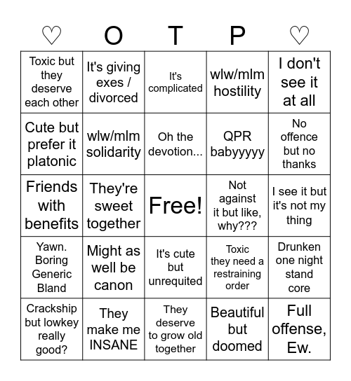 Ship Opinion Bingo Card