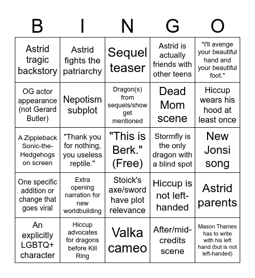 Live Action HTTYD Bingo Card
