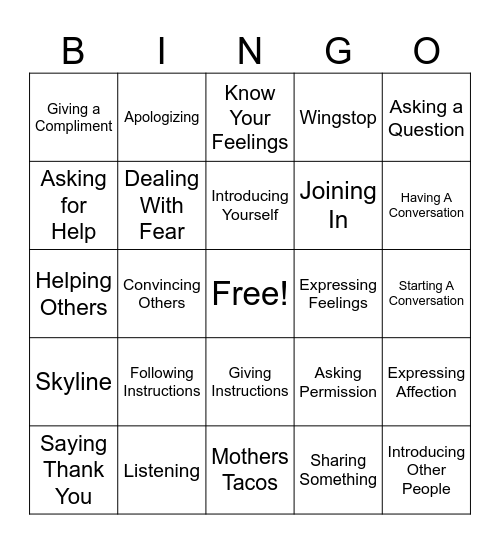 Cog Skills Bingo Card