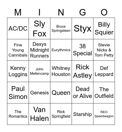 80's Artists Bingo Card