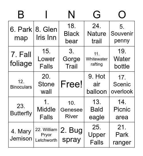 Letchworth State Park Bingo Card