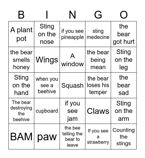 The Bear and the Bee Bingo Card