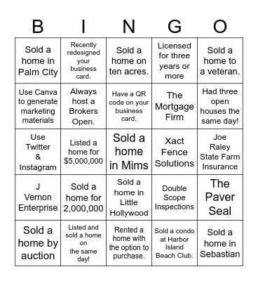 Realtors & Friends Networking Luncheon Bingo Card