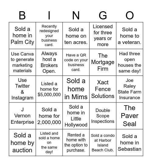 Realtors & Friends Networking Luncheon Bingo Card