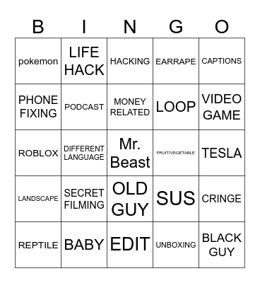 YOUTUBE SHORTS Bingo Card