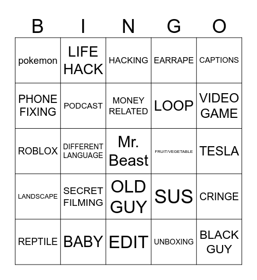 YOUTUBE SHORTS Bingo Card