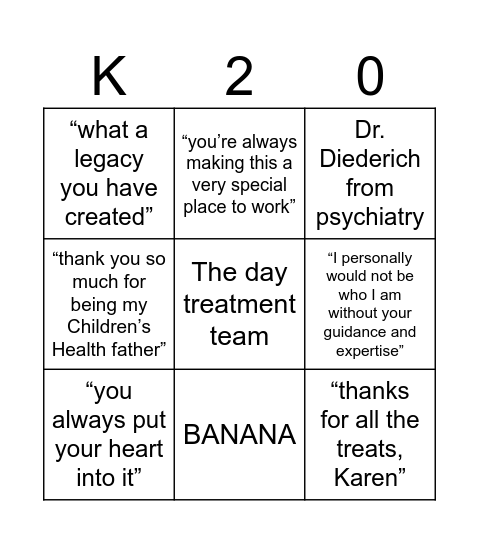 Karen's 20th Anniversary BINGO Card
