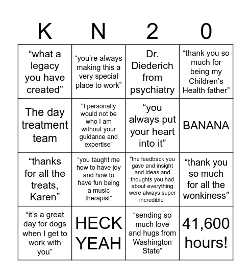 Karen's 20th Anniversary BINGO Card