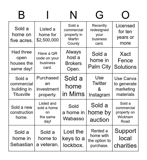 Realtors & Friends Networking Luncheon Bingo Card