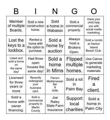 Realtors & Friends Networking Luncheon Bingo Card