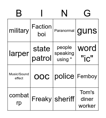 Roblox Pinre Ridge Bingo Card