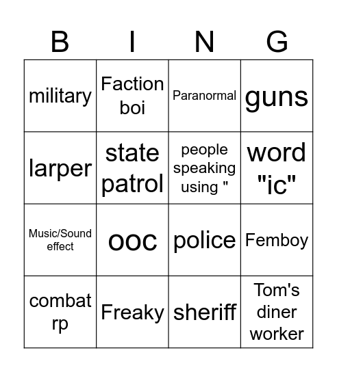 Roblox Pinre Ridge Bingo Card