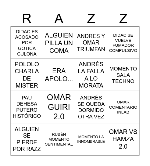 RAZZ 19 (ENDGAME EDITION) Bingo Card